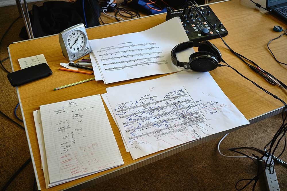 The score of \"Turn The Key Deftly\" covered with Mike Purton\'s multi-layered hieroglyphics as editing notes.
